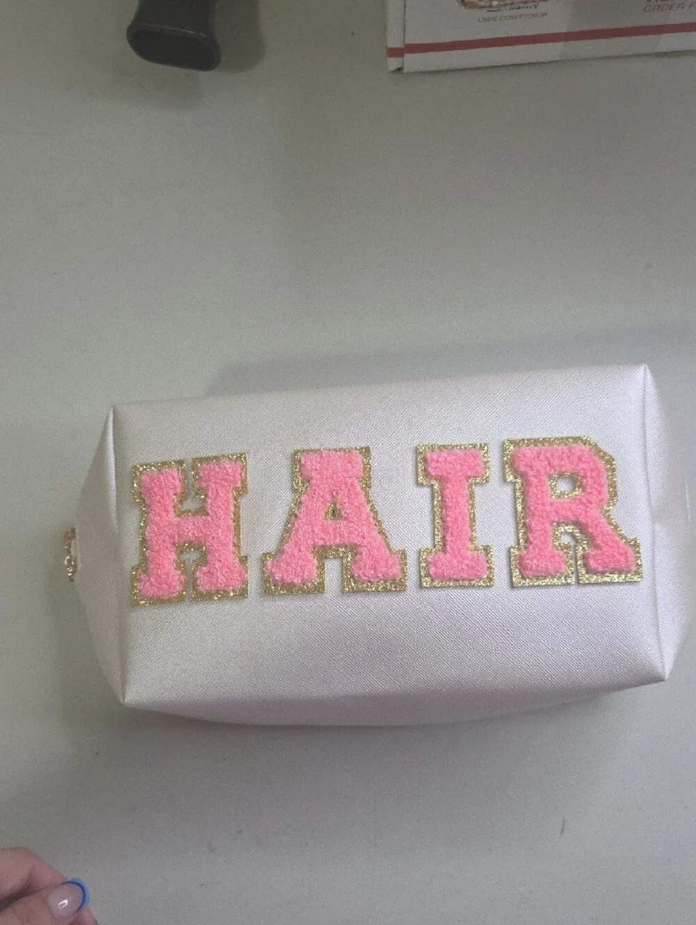 Women's White Cosmetic Bag with Pink 'HAIR' Applique
